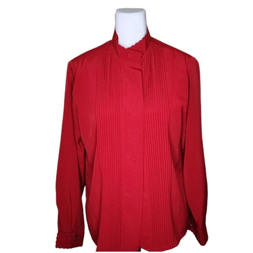 Vintage 80s High Neck Pleated Cut Out Blouse Womens Size 6P Red